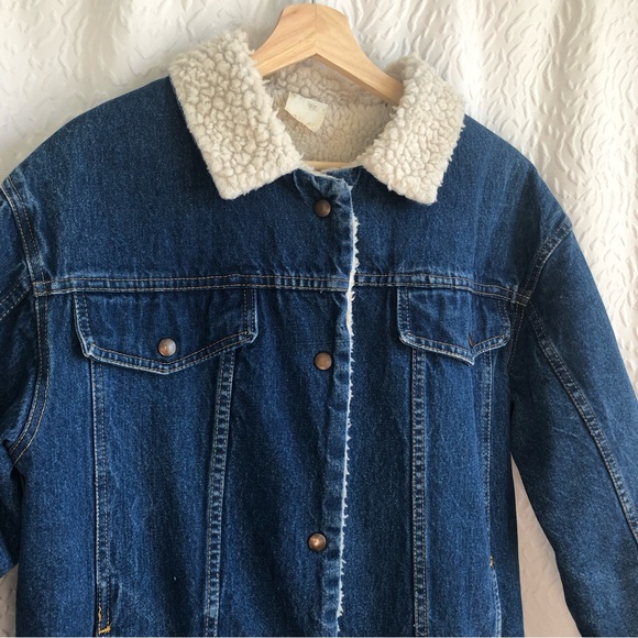 Vintage Denim White Sherpa Lined Shacket Button Up Jacket Dark Wash Work Coat - Picture 2 of 16
